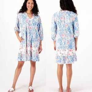 Tolani Floral Peony Print Long Sleeve Tiered Tunic Dress Size 1X - 2X